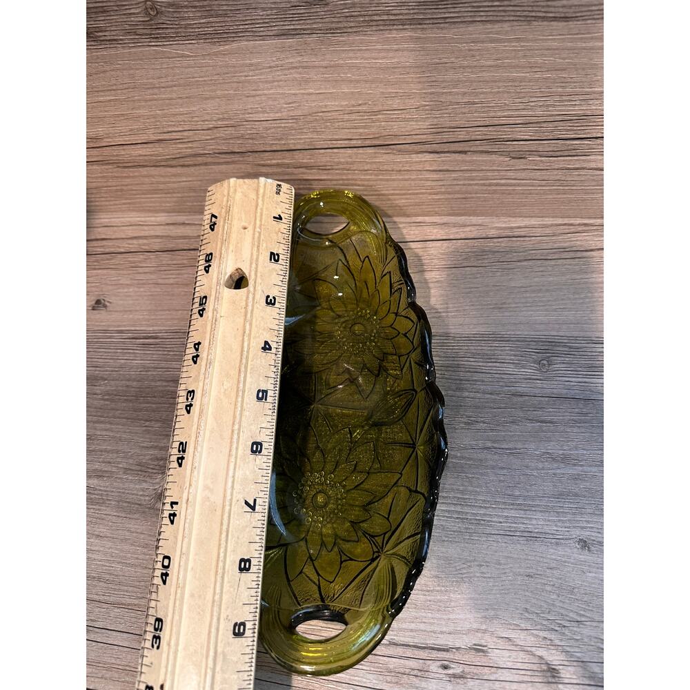 VTG Green Indiana Glass Bowl Dish Oval w/ handles Avocado Relish MCM Boho Decor - Picture 5 of 6